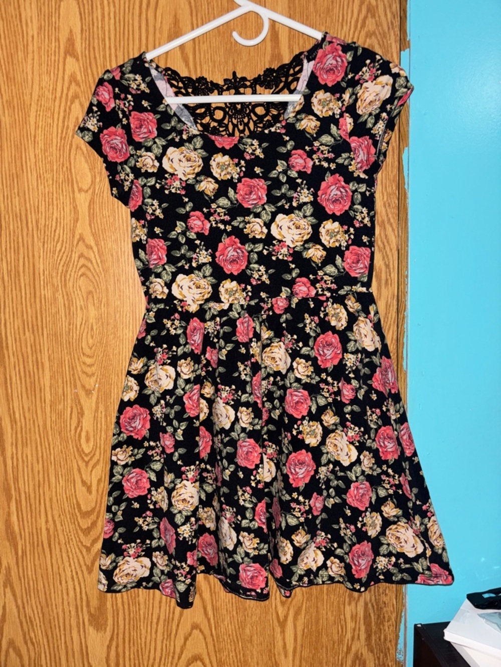 Forever 21 Black Floral Lace-Back Skater Dress with Pink and Cream Roses